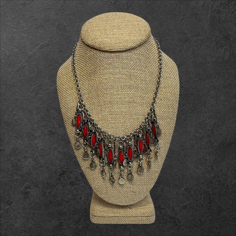 Boho Statement Fringe Necklace Red Stone Coin Dangle Bib‎ Tribal Silver Tone